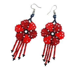 Red Flower Huichol Earrings Handmade Tradicional Art